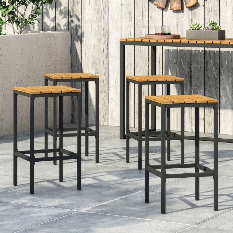 Bar Stool Backless Design Slatted Acacia Wood Top Matte Black Metal Frame