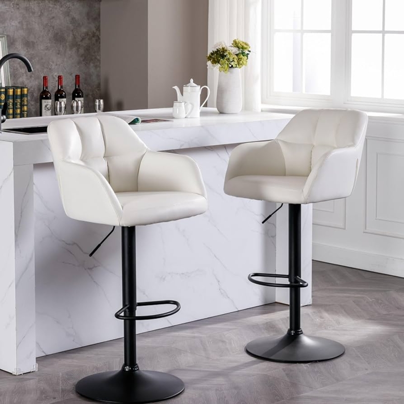 Bar Stool Beige Tufted Integrated Arms Adjustable Matte Black Pedestal
