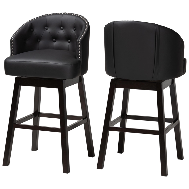Bar Stool Black Button Tufted Silver Nailhead Barrel Back Swivel