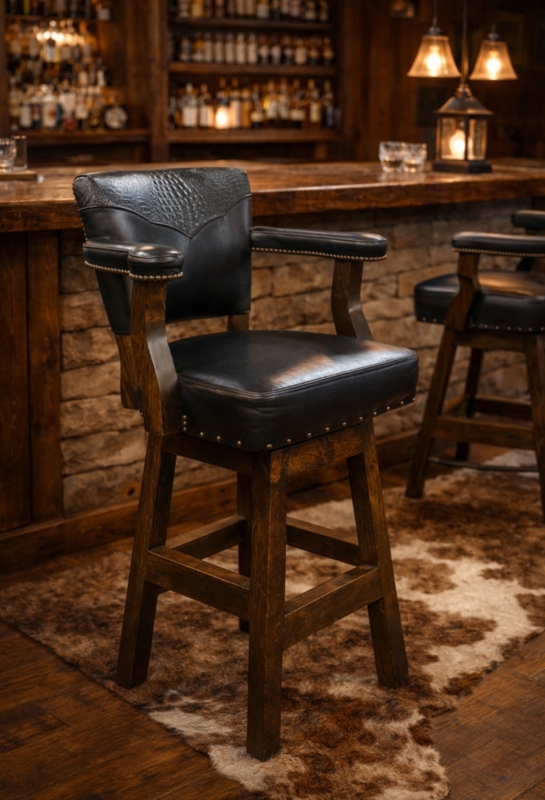 Bar Stool Black Croc Embossed Leather Brass Nailhead Wood Arms