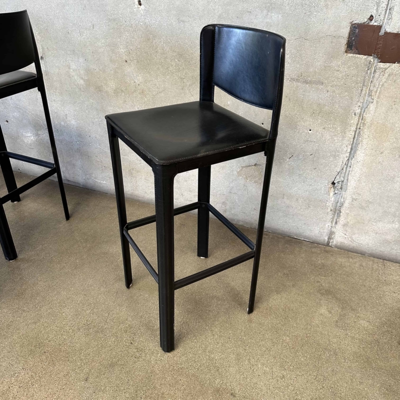 Bar Stool Black Stitched Seams Leather Wrapped Frame Slim Profile
