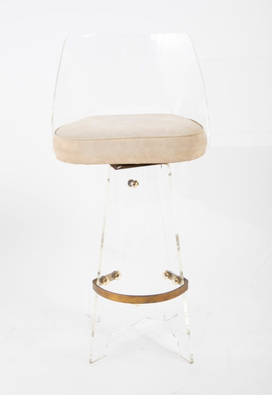 Bar Stool Brass Toned Footrest Lucite Legs Swivel Padded Seat