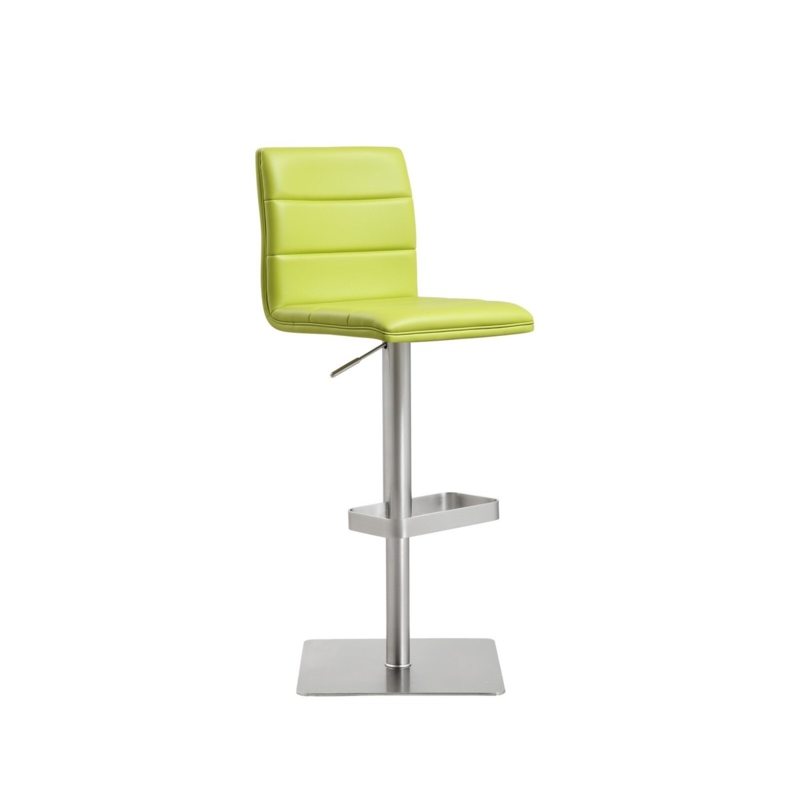 Bar Stool: Brushed metal square base with horizontal stitched upholstery.