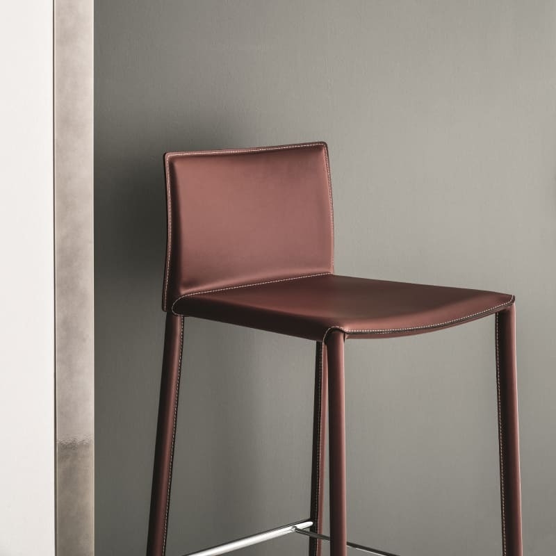 Bar Stool Burgundy Contrast Stitching Upholstered Legs Slim Profile