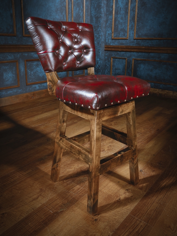Bar Stool Burgundy Diamond Tufting Nailhead Trim Wood Frame Rustic