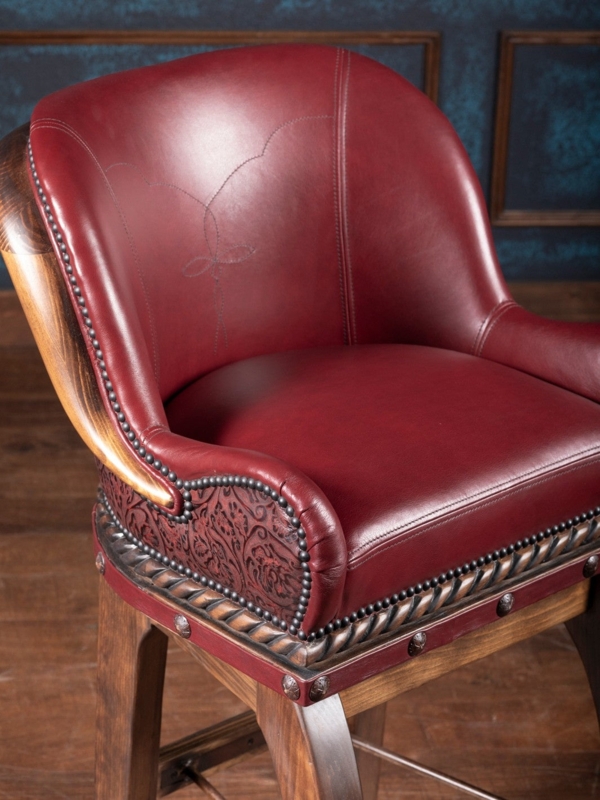 Bar Stool Burgundy Red Floral Tooled Leather Rope Twist Carving