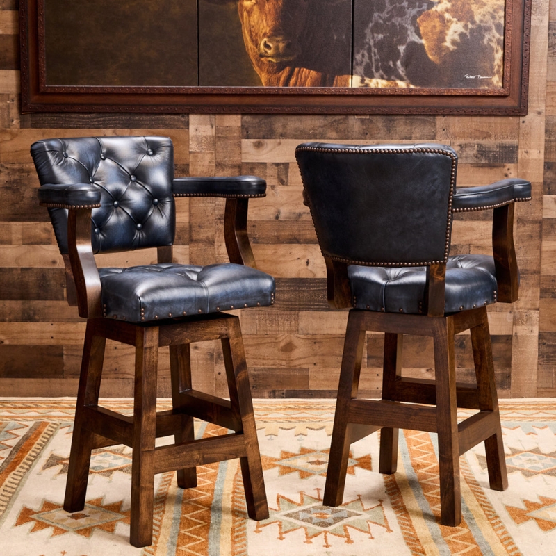 Bar Stool Button Tufted Blue Leather Swivel Seat With Arms Nailhead