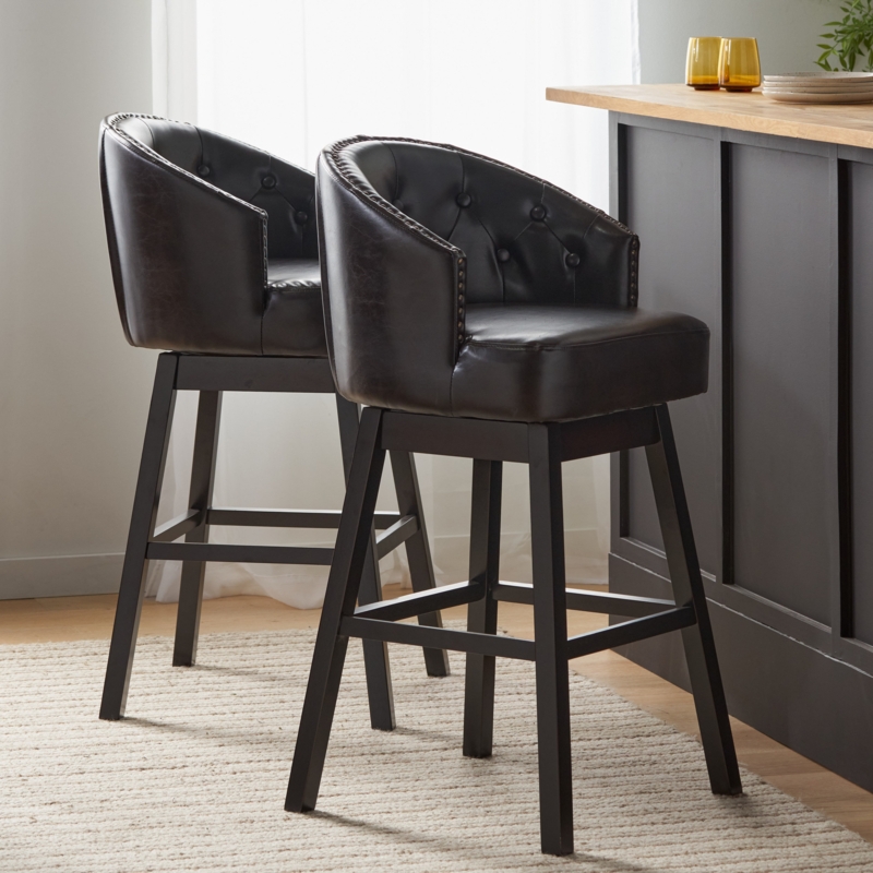 Bar Stool Button Tufting Barrel Back Swivel Seat Nailhead Espresso