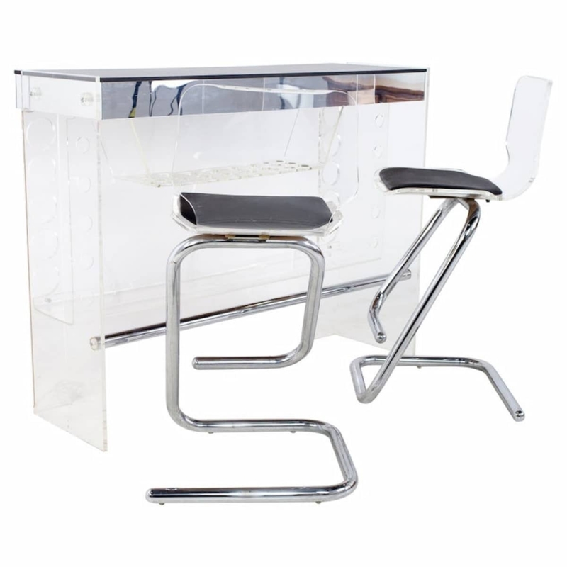 Bar Stool Cantilever Base Chrome Frame Clear Lucite Body