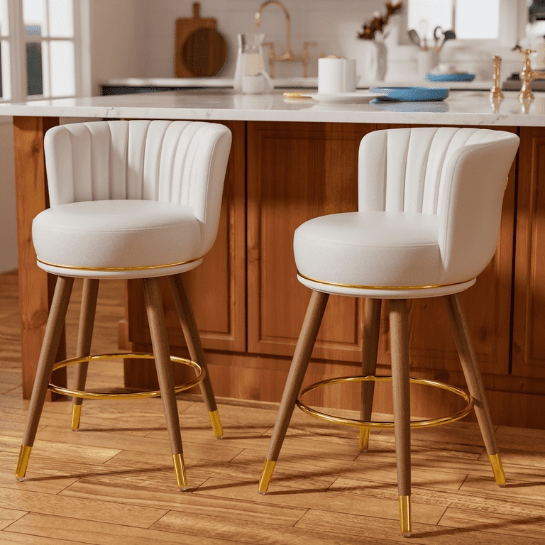 Bar Stool Channeled Backrest Warm Beige Swivel Wood Legs Gold Accent