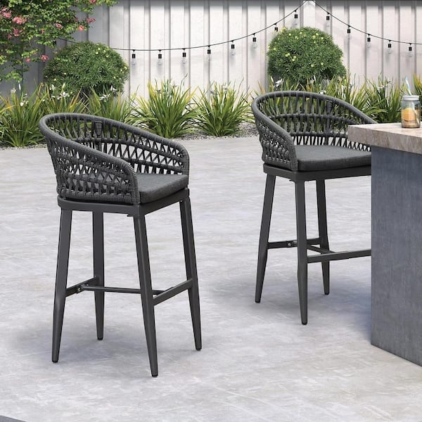 Bar Stool Charcoal Aluminum Woven Rattan Back Outdoor Patio Seating