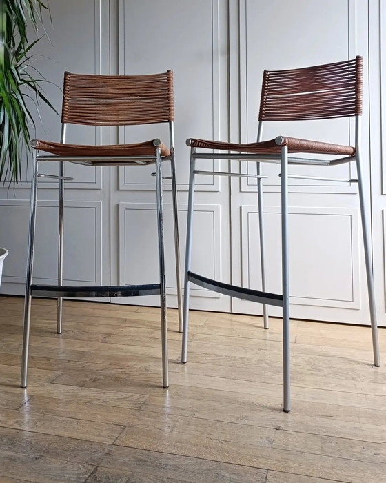 Bar Stool Chestnut Woven Leather Strips Polished Chrome Miss B Model