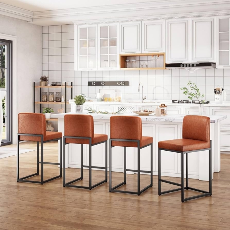 Bar Stool Cognac Brown Upholstery Black Metal Sled Base Modern