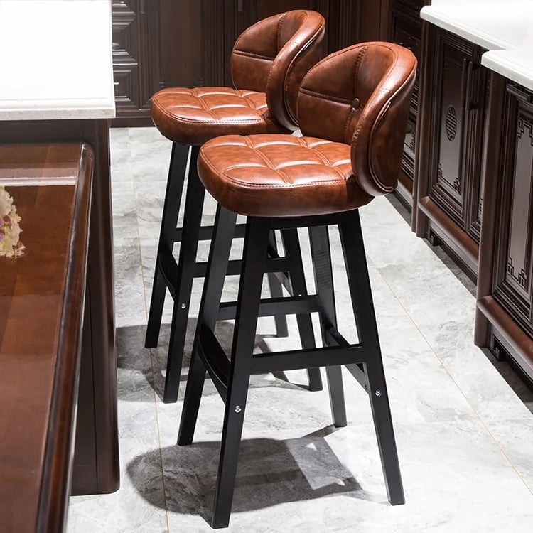 Bar Stool Cognac Grid Tufted Seat Wrap Around Back Black Frame