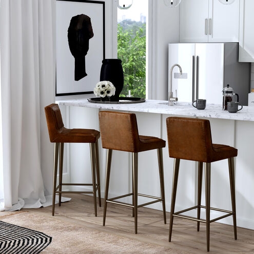 Bar Stool Cognac Leather Tapered Brass Legs Slim Profile