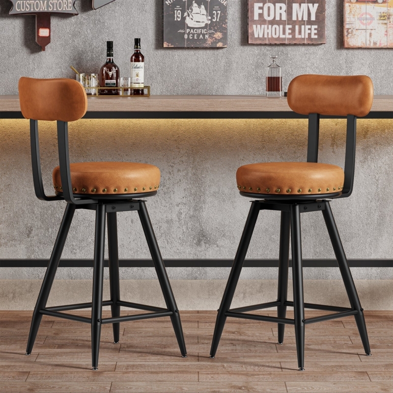 Bar Stool Cognac Swivel Bolster Backrest Nailhead Trim Industrial