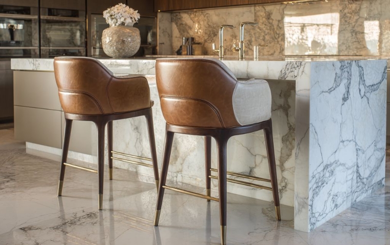 Bar Stool Cognac Tan Brass Footrest Metal Ferrules Curved Back