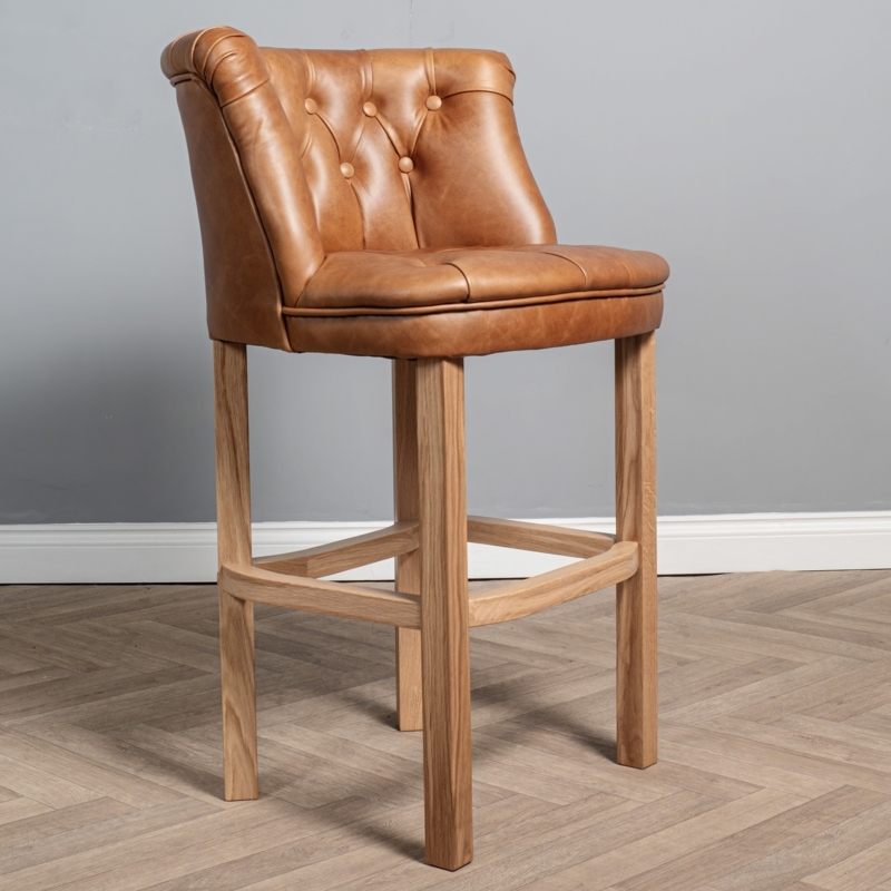 Bar Stool Cognac Tufted Rolled Backrest Light Oak Legs Wingback