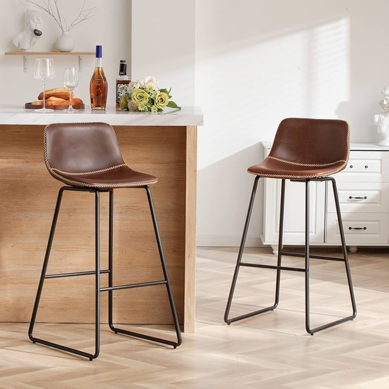 Bar Stool Contrast Stitching Tobacco Brown Sled Base Industrial Chic