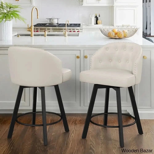 Bar Stool Cream Tufted Back Nailhead Trim Swivel Matte Black Legs