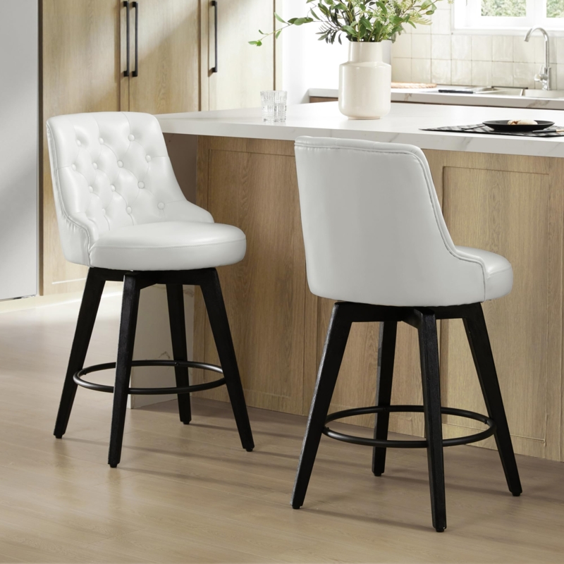 Bar Stool Crisp White Button Tufted Swivel Matte Black Legs