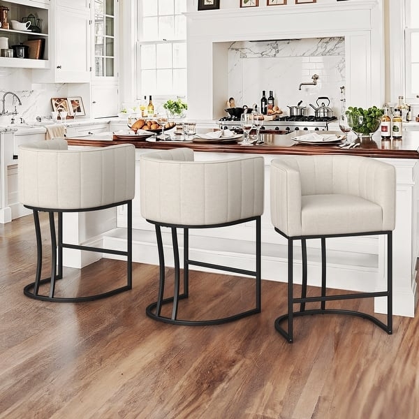 Bar Stool Curved Sled Base Channel Tufting Low Back Beige