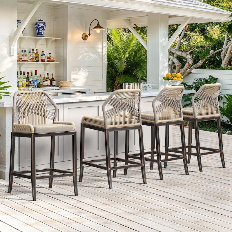 Bar Stool Dark Bronze Frame Twill Weave Back Gold Accents Luxury Patio
