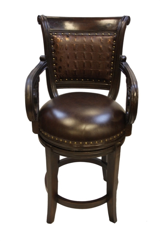 Bar Stool Dark Espresso Embossed Back Scroll Armrests Nailhead Trim