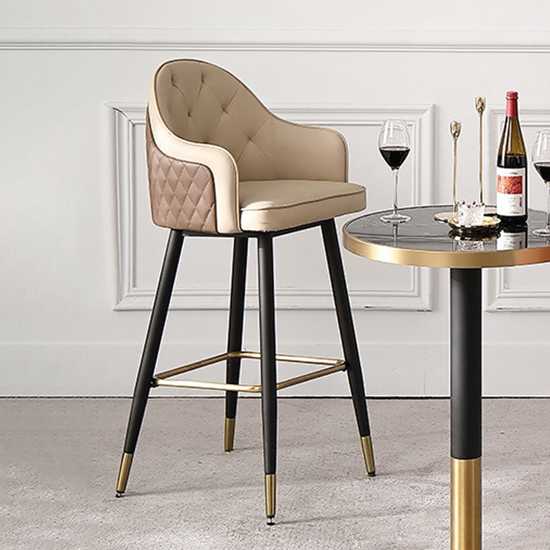 Bar Stool Diamond Quilted Exterior Gold Capped Legs Two Tone Beige