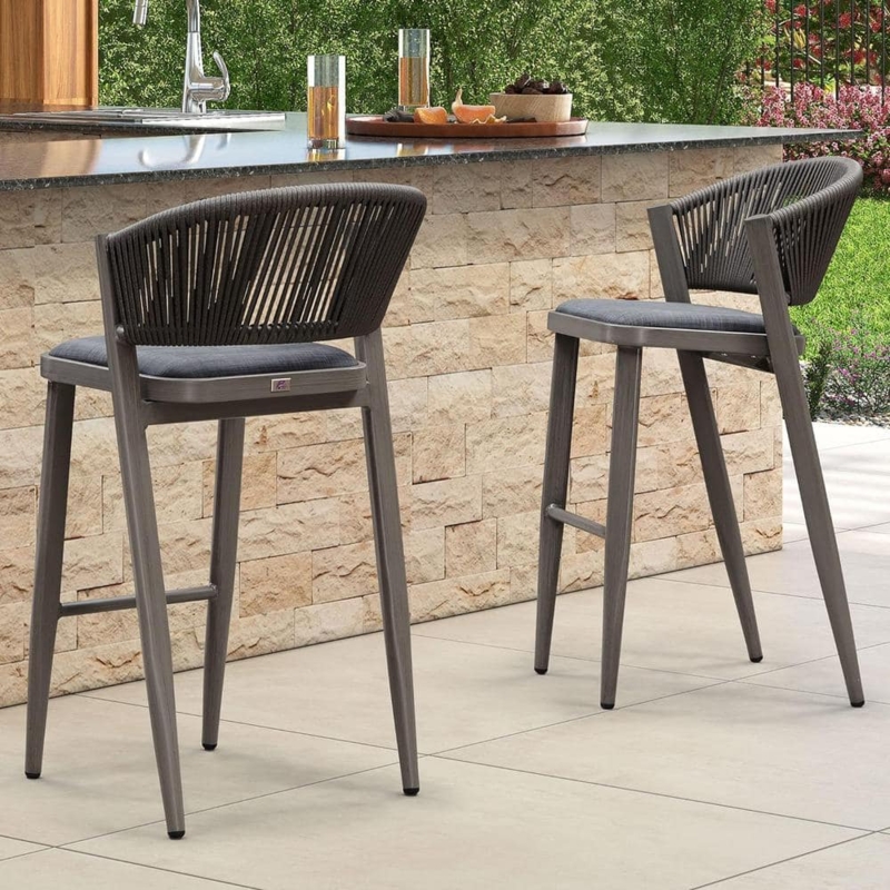 Bar Stool Driftwood Finish Vertical Rope Back Charcoal Upholstery