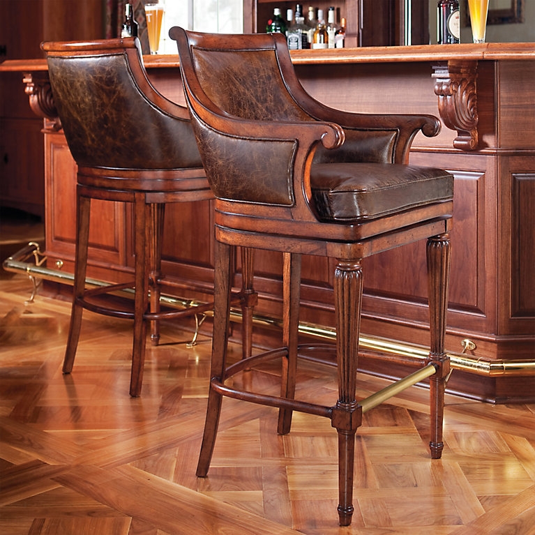 Bar Stool Fluted Legs Curved Arms Distressed Leather Swivel Seat