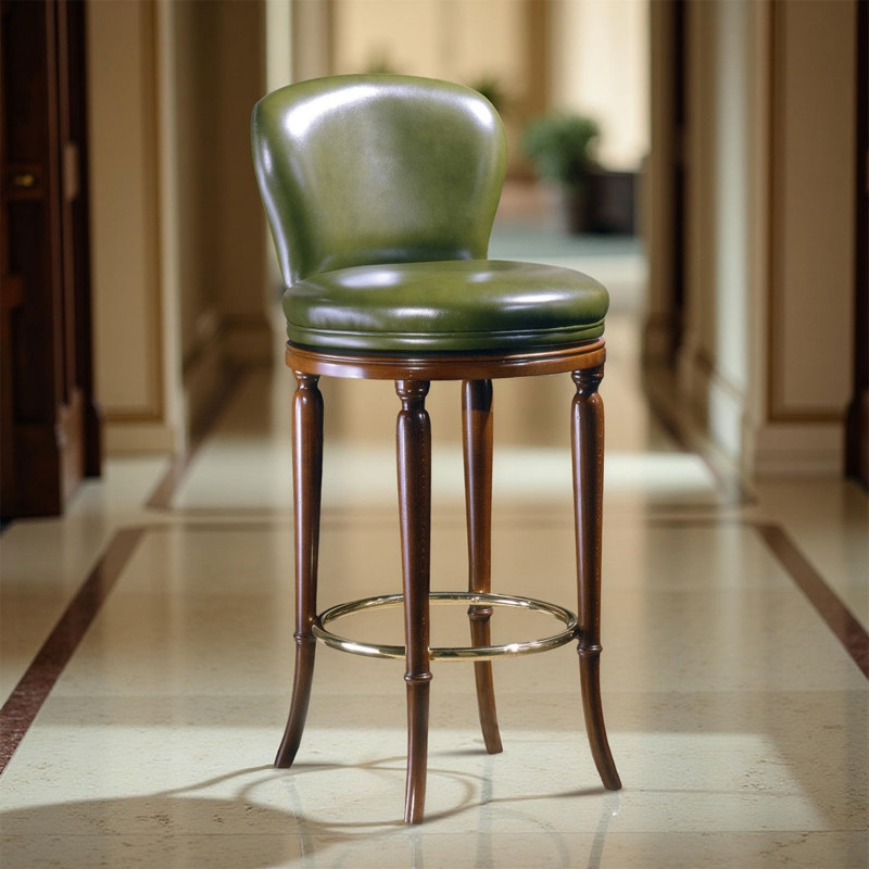 Bar Stool Forest Green Leather Spindle Legs Gold Footrest Ring