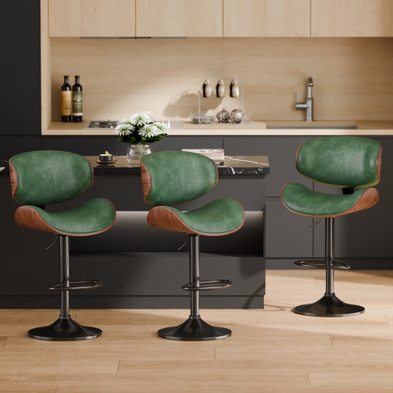 Bar Stool Forest Green Upholstery Curved Walnut Back Adjustable