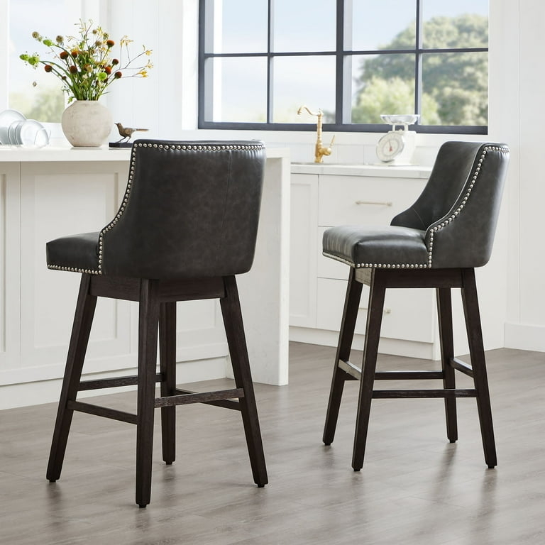Bar Stool Full Back Nailhead Trim Dark Wood Legs Transitional Style