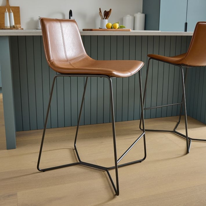 Bar Stool Geometric Base Warm Tan Leather Curved Back Stitching