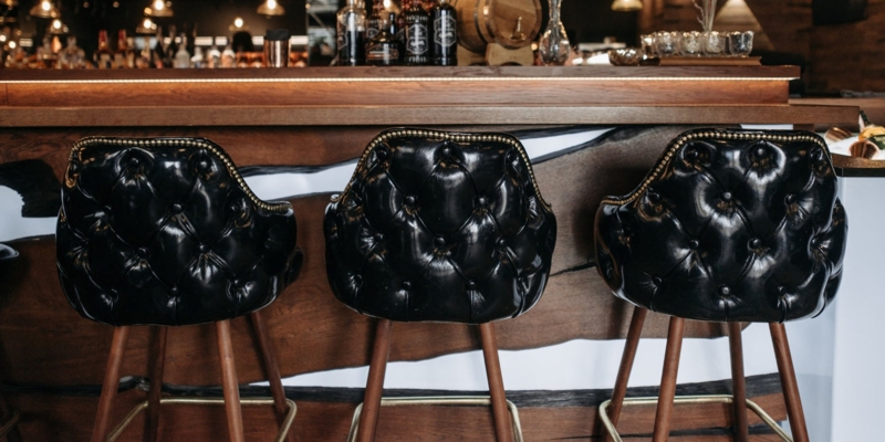 Bar Stool Glossy Black Button Tufted Gold Nailhead Tapered Legs