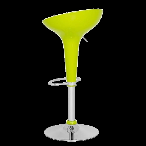 Bar Stool: Glossy trumpet seat with adjustable chrome pedestal base.