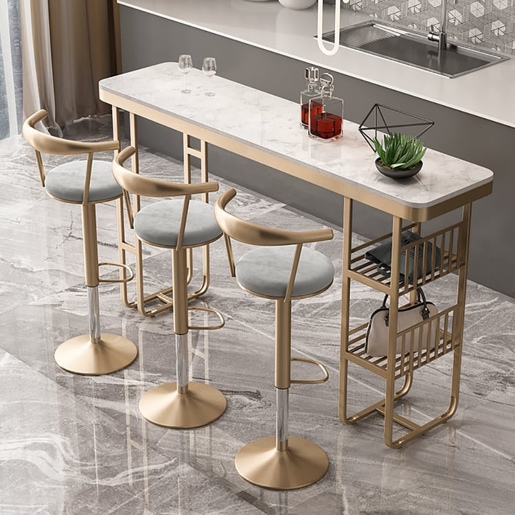 Bar Stool Gray Velvet Curved Back Adjustable Gold Pedestal