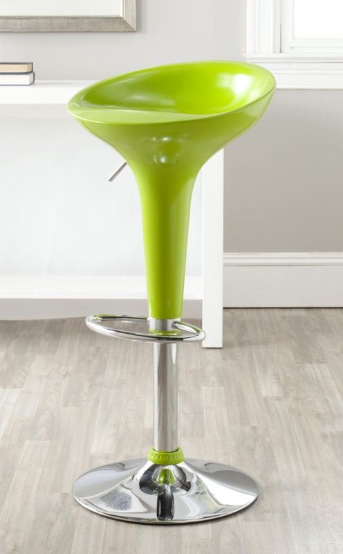 Bar Stool: High gloss scoop seat on adjustable chrome pedestal swivel.