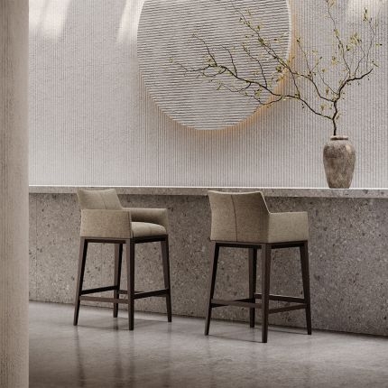 Bar Stool in Taupe Woven Fabric Texture with Tapered Legs