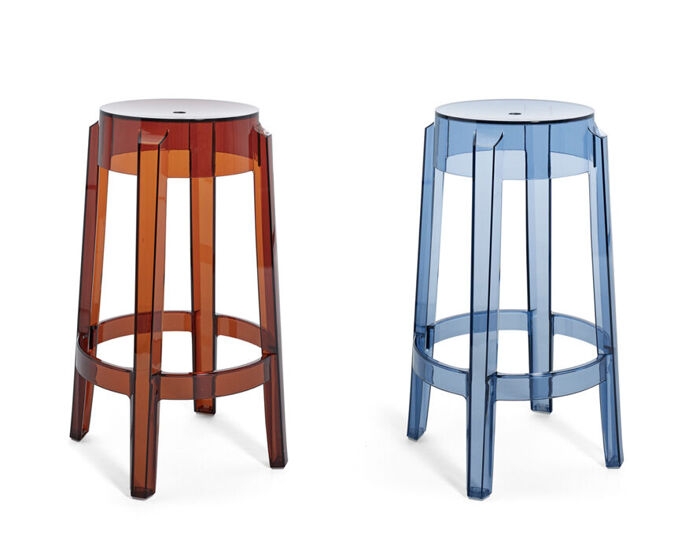 Bar Stool in Vibrant Transparent Amber or Blue with Round Seat