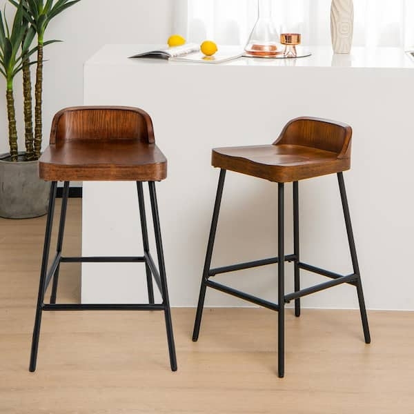 Bar Stool Industrial Chic Walnut Toned Wood Matte Black Frame