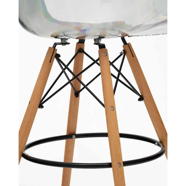 Bar Stool Iridescent Lucite Seat Eiffel Wire Bracing Tapered Wood Legs