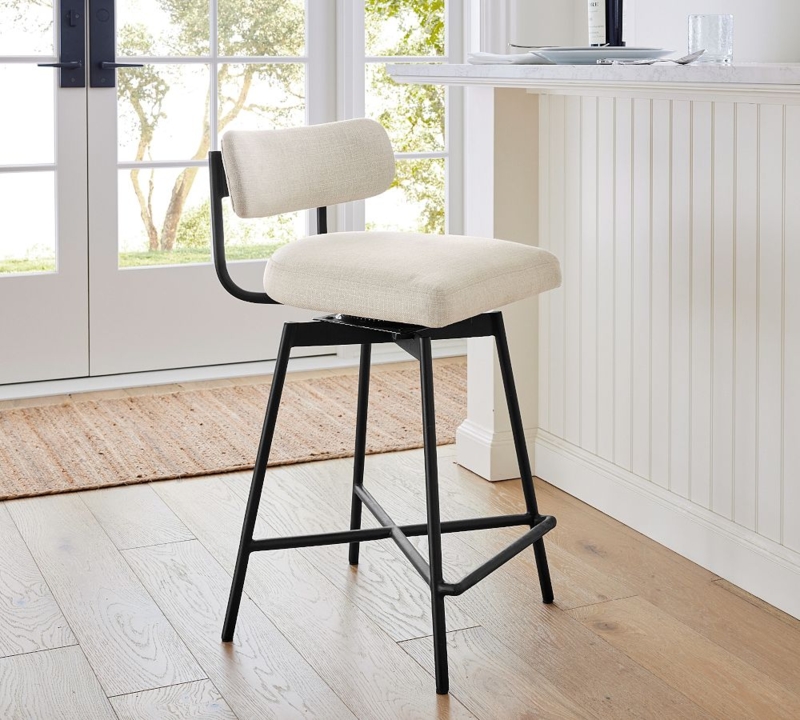 Bar Stool Ivory Basketweave Texture Antique Bronze Legs Swivel Seat