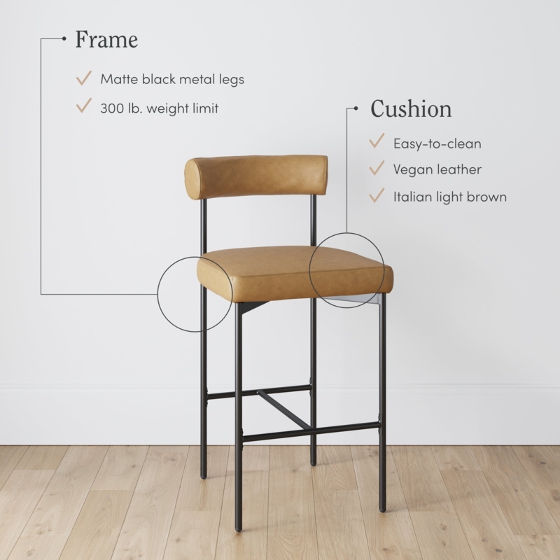 Bar Stool Light Brown Vegan Leather Matte Black Frame Curved Back