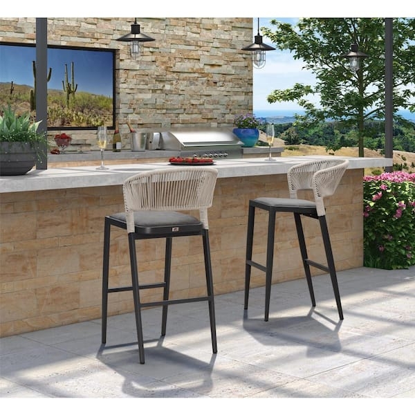 Bar Stool Low Back Woven Rattan Aluminum Frame Dark Gray Cushion