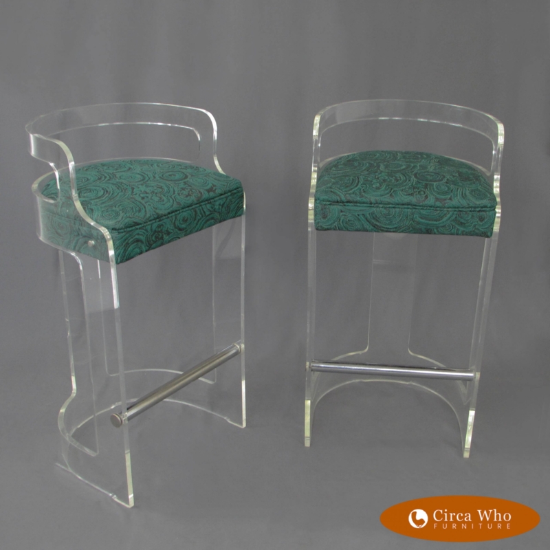 Bar Stool Malachite Pattern Seat Curved Open Back Clear Acrylic Frame