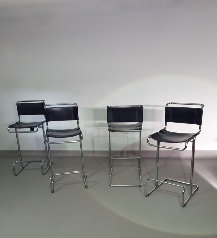 Bar Stool Matte Black Cantilever Base Polished Tubular Frame 1960s
