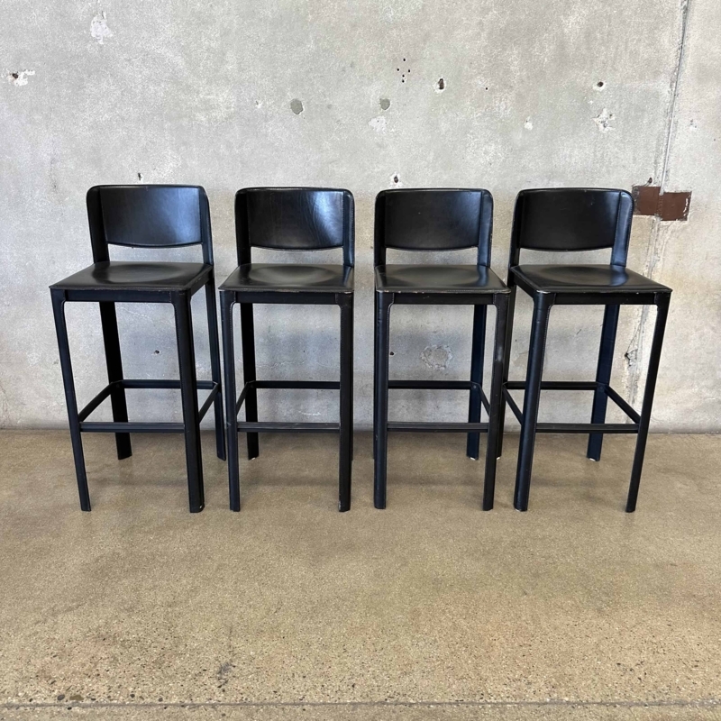 Bar Stool Matte Black Leather Wrapped Frame Open Back Set of Four