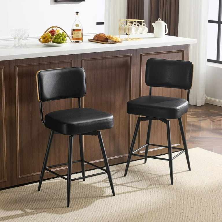 Bar Stool Matte Black Swivel Curved Wood Backrest Tapered Metal Legs
